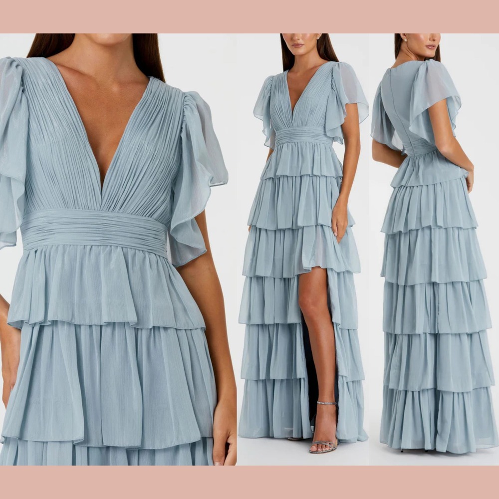 NEW Mac Duggal [ 4 ] 49595 Flutter Sleeve Ruffle Tiered Gown in Slate Blue Q1176